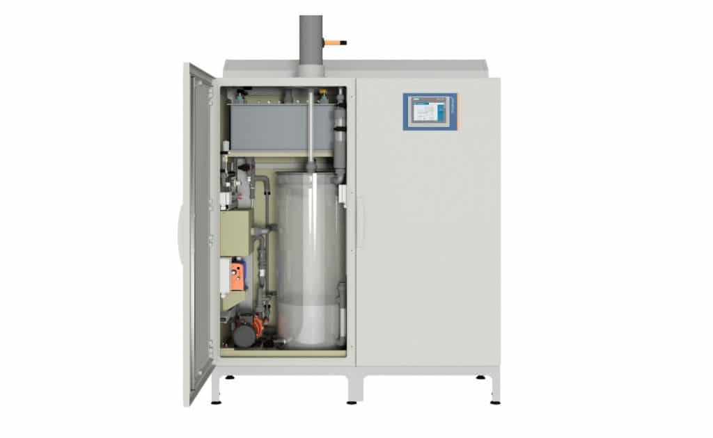 CHLORINSITU® IIa 60 - 2,500 g/h is a compact on-site electrolysis system for the production of a low-chlorate hypochlorite solution from sodium chloride and electrical energy. 