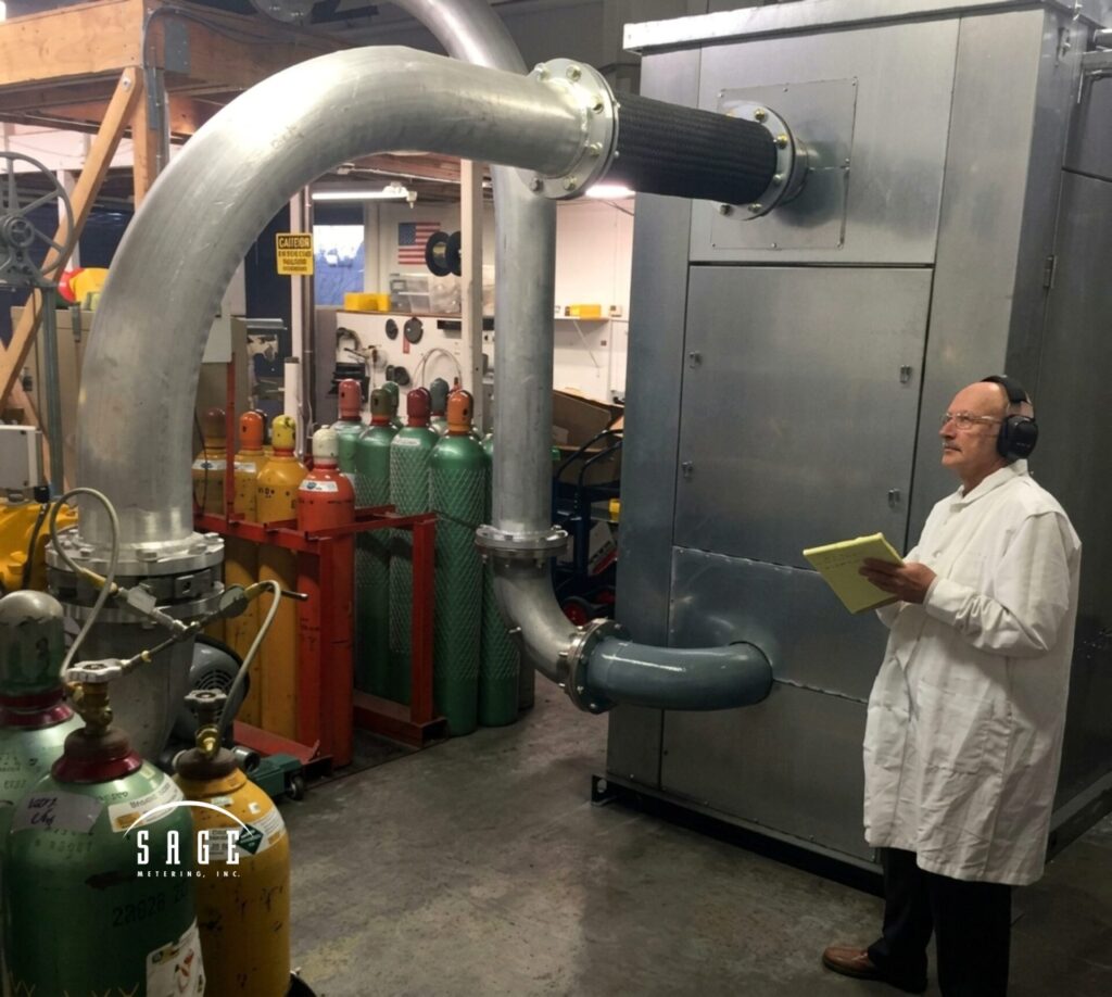 Sage Metering engineers calibrate new thermal mass flow meters against NIST-traceable standards using the customer’s actual process gas.