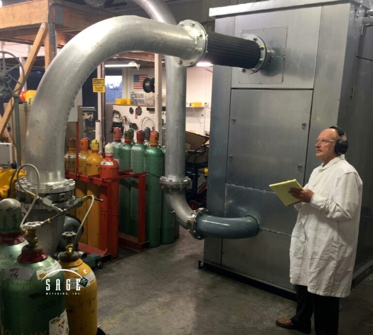 Sage Metering engineers calibrate new thermal mass flow meters against NIST-traceable standards using the customer’s actual process gas.