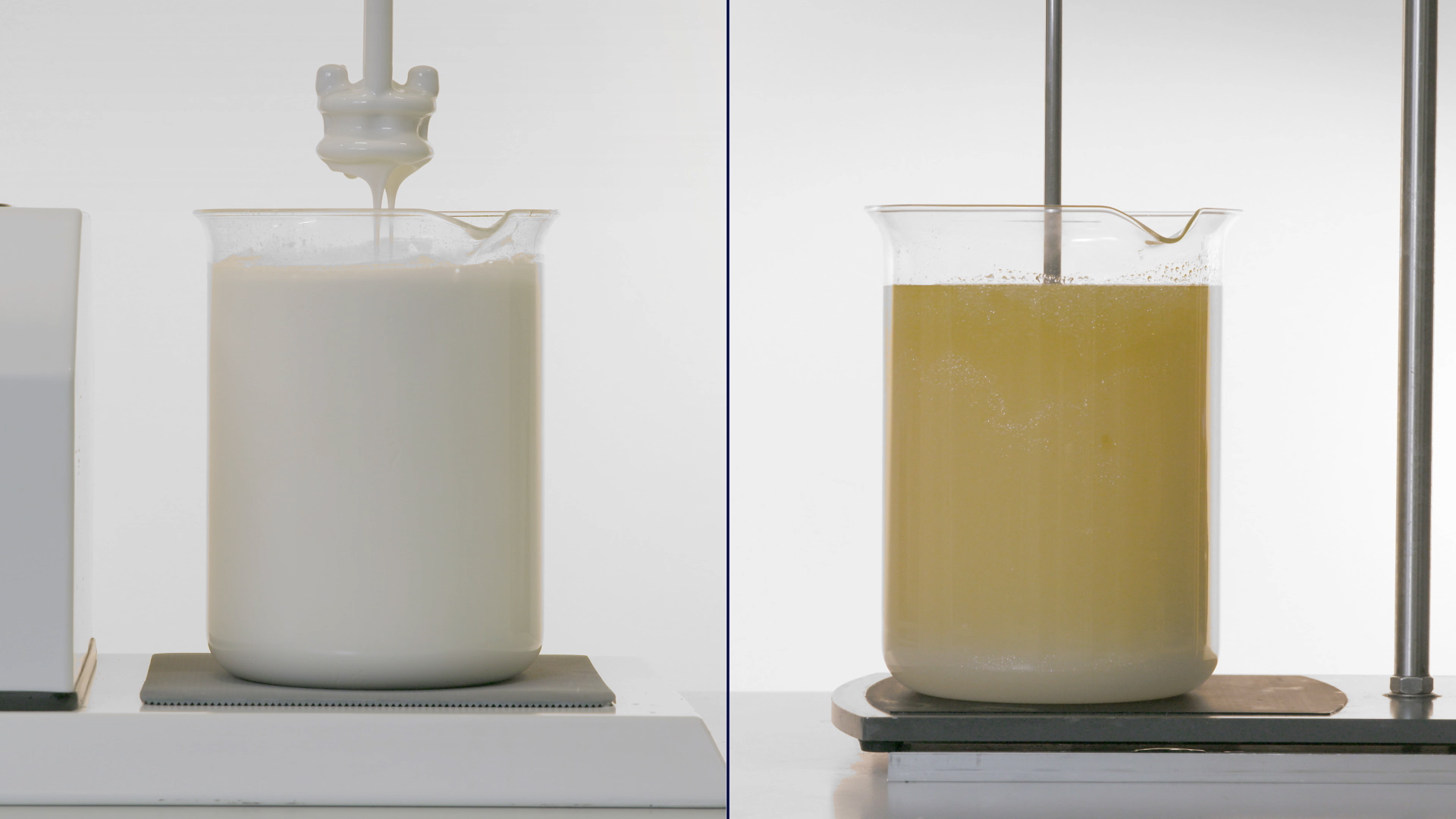 Two beakers of cleansing lotion: a bright white emulsion made with a high shear mixer next to a yellowish mix from an overhead stirrer