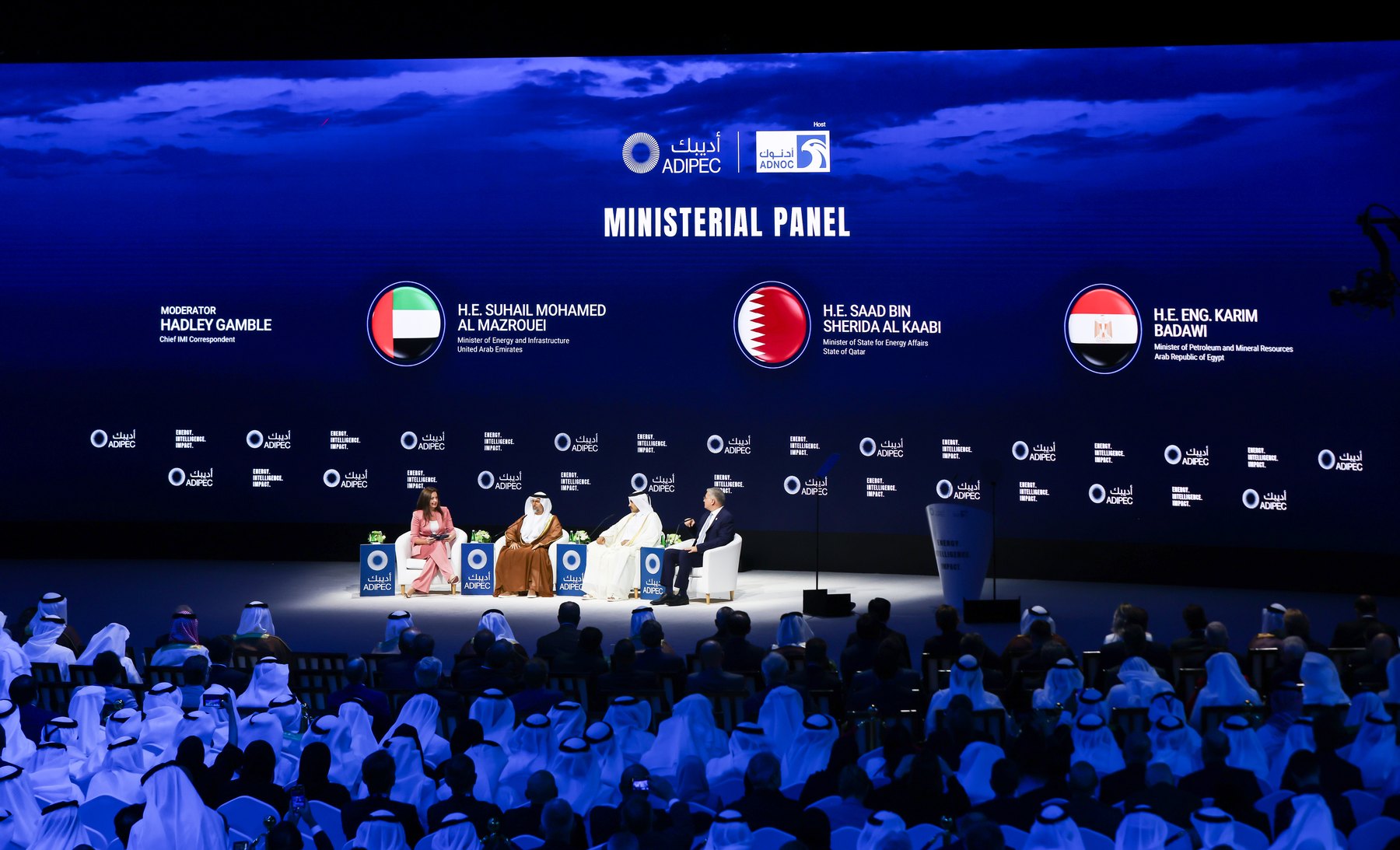 Energy ministers of the UAE, Qatar and Egypt on stage during the Ministerial Panel at ADIPEC