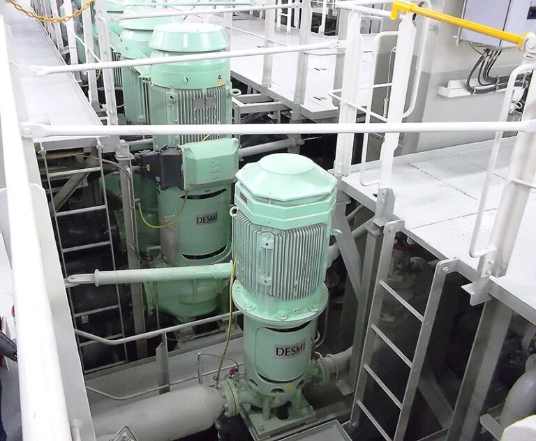 DESMI engine room pumps installed in a ship’s machinery space with railings
