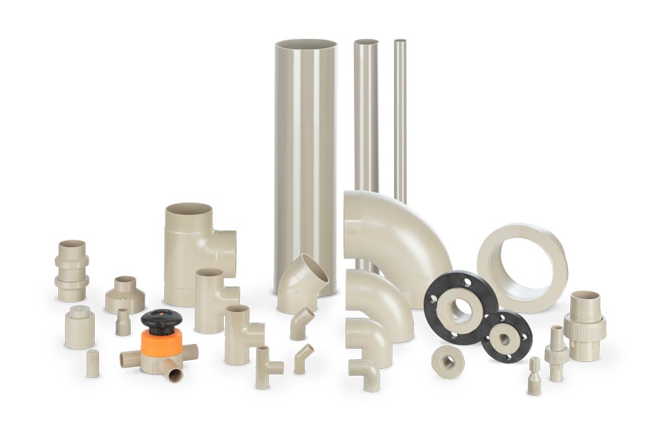 SYGEF Ultra PEEK-HP pipes, elbows, tees, flanges and a diaphragm valve arranged as a complete piping system