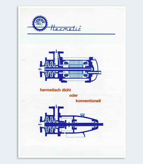 Lederle HERMETIC brochure with cross-section diagrams of hermetic and conventional pumps
