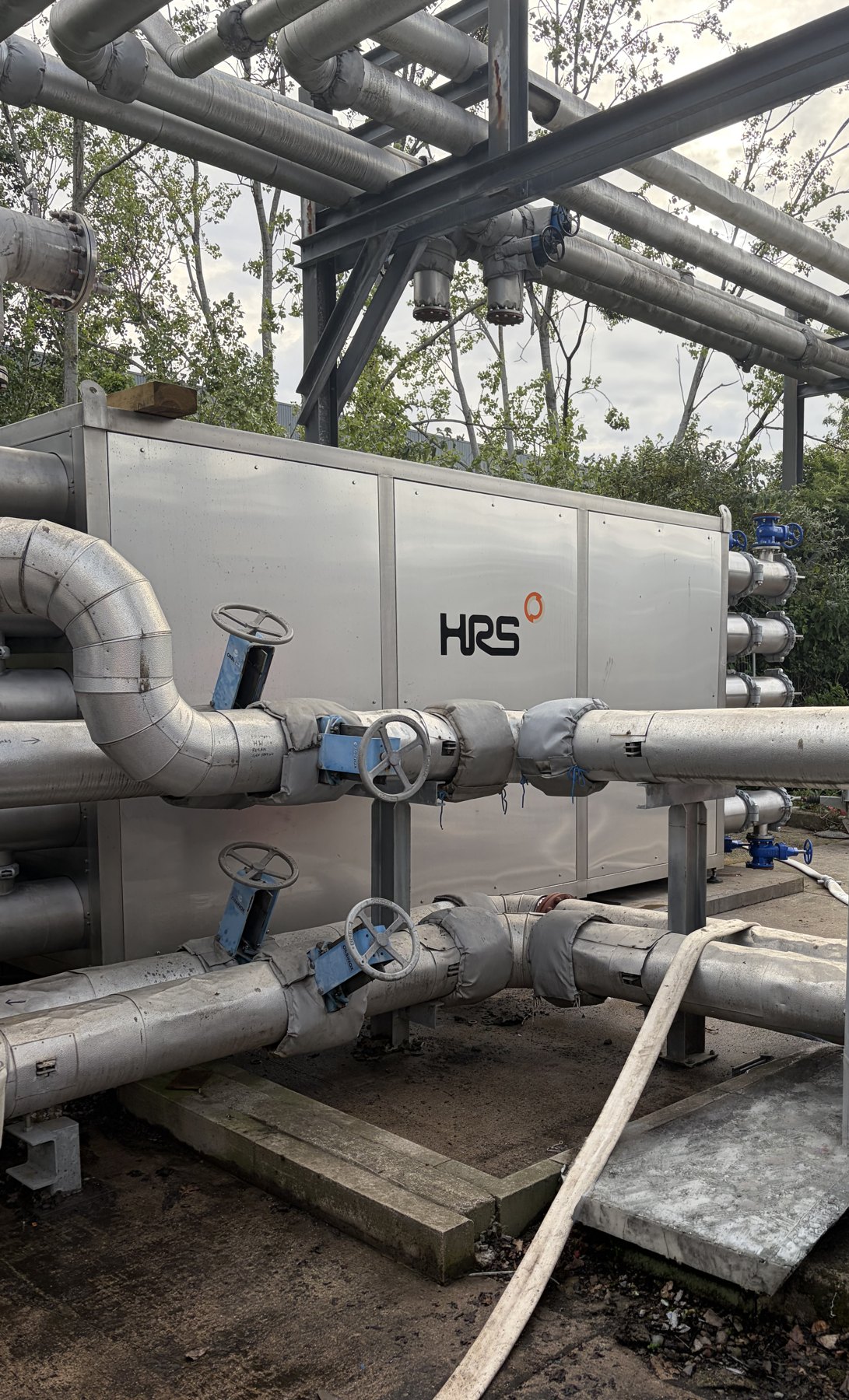 HRS heat exchanger unit with insulated pipework and valves installed at the Avonmouth wastewater treatment site