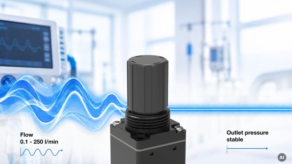 Kendrion High Flow Pressure Regulator with a graphic of fluctuating flow from 0.1 to 250 l/min and a stable outlet pressure