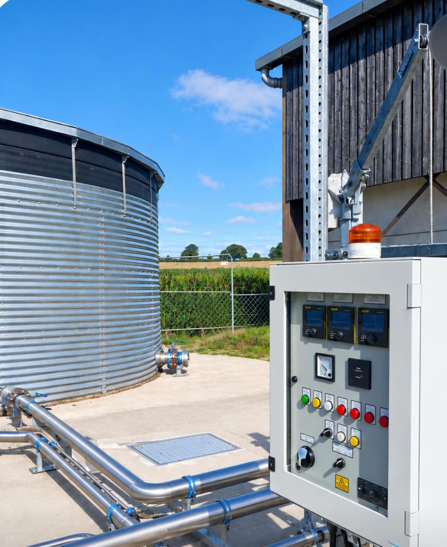 Control panel with level measurement displays and warning beacon next to an above-ground wastewater storage tank at Rosemaund Farm Distillery
