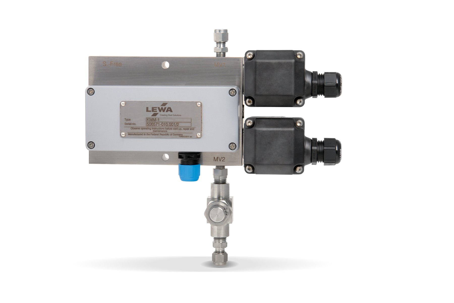 Stainless steel LEWA KMM-1 module with two black junction boxes and compression fittings
