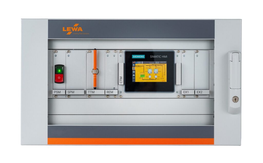 LEWA Odor Control Module (OCM) cabinet for gas odorization with plug-in front modules and a Siemens SIMATIC HMI touch display