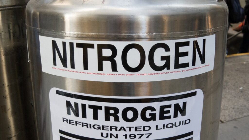 Stainless steel dewar labelled nitrogen refrigerated liquid UN 1977
