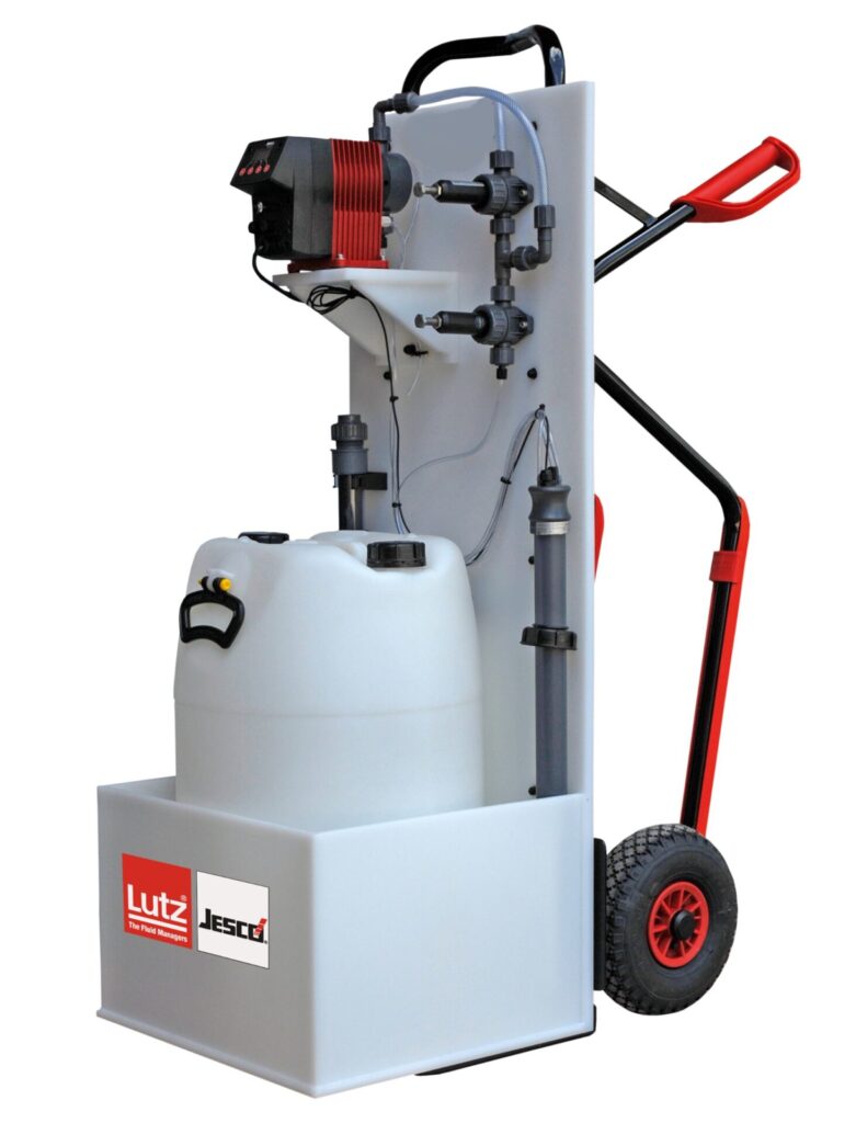 SAFETYCHLORMIX plug-and-play chlorination plant by Lutz-Jesco mounted on a handcart