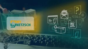 MyNETZSCH digital customer portal interface with shopping cart and icons for spare parts, documents and technical support