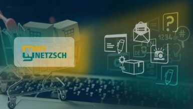 MyNETZSCH digital customer portal interface with shopping cart and icons for spare parts, documents and technical support