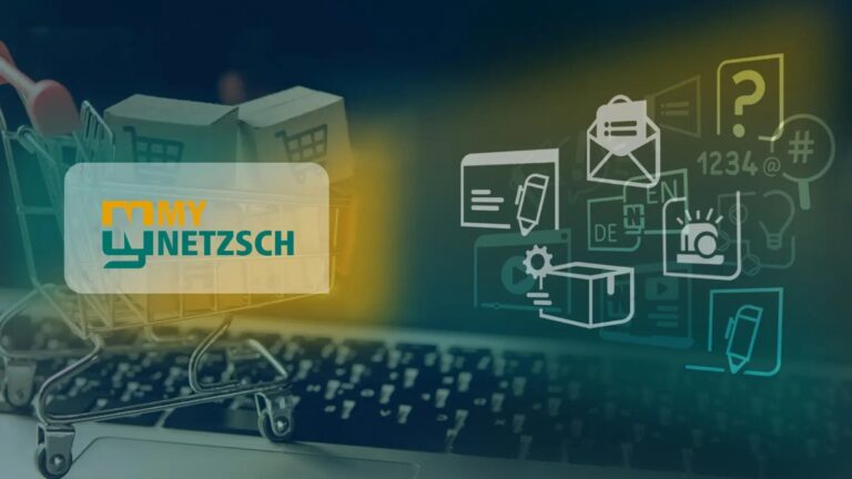 MyNETZSCH digital customer portal interface with shopping cart and icons for spare parts, documents and technical support