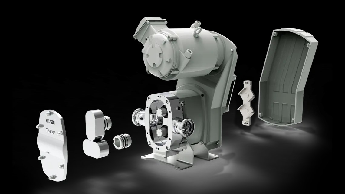 Exploded view of the TORNADO T.Sano rotary lobe pump showing its hygienic, modular components