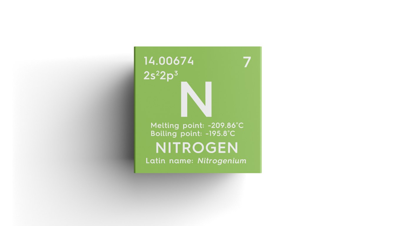Green periodic table tile for nitrogen showing atomic number 7 and a boiling point of -195.8 °C