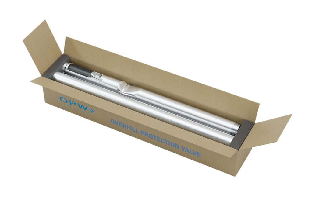 Segmented drop tube sections of the 71SO overfill valve packed in a compact OPW shipping box