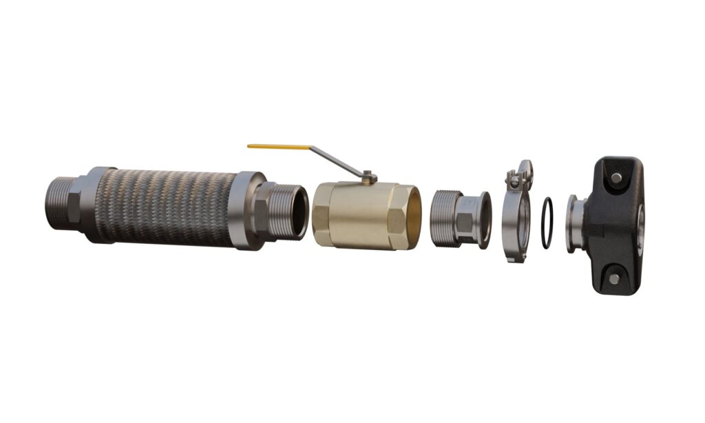 Exploded view of a braided flexible connector, ball valve, adaptor, clamp, gasket and bolt-on coupling body