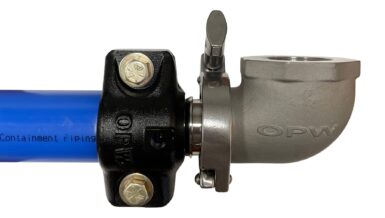 Quick Bolt-On Coupling from OPW Retail Fueling joining blue containment piping to a stainless steel elbow