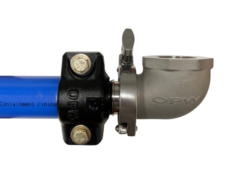 Quick Bolt-On Coupling from OPW Retail Fueling joining blue containment piping to a stainless steel elbow