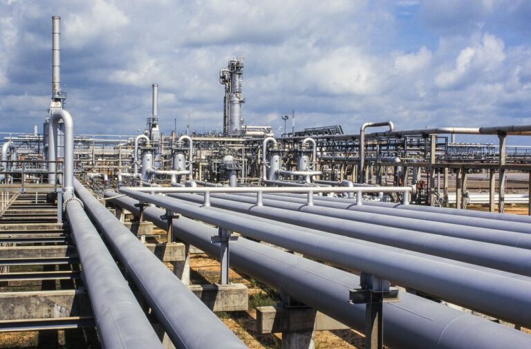 Long pipe rack with parallel process lines leading to a refinery unit