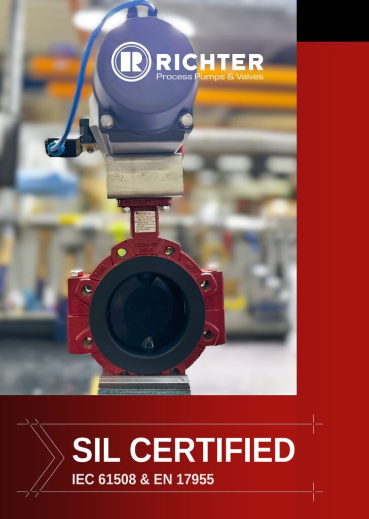 Richter lined butterfly valve with red body and pneumatic actuator, SIL certified to IEC 61508 and EN 17955