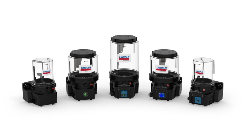 Five SKF Progressive Lubrication Pump PLP units with transparent grease reservoirs in different sizes