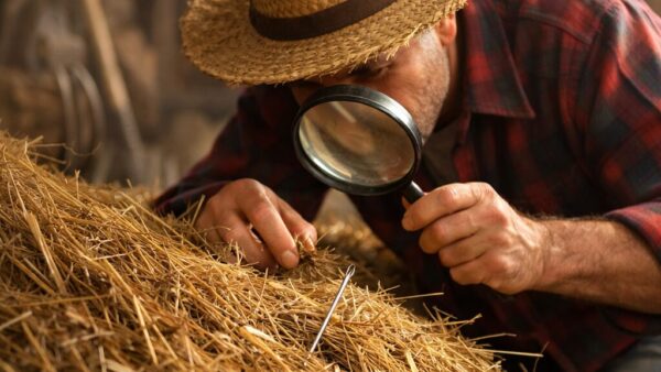 Man with a magnifying glass searching a haystack for a needle, like hunting for compressed air leaks in a large network