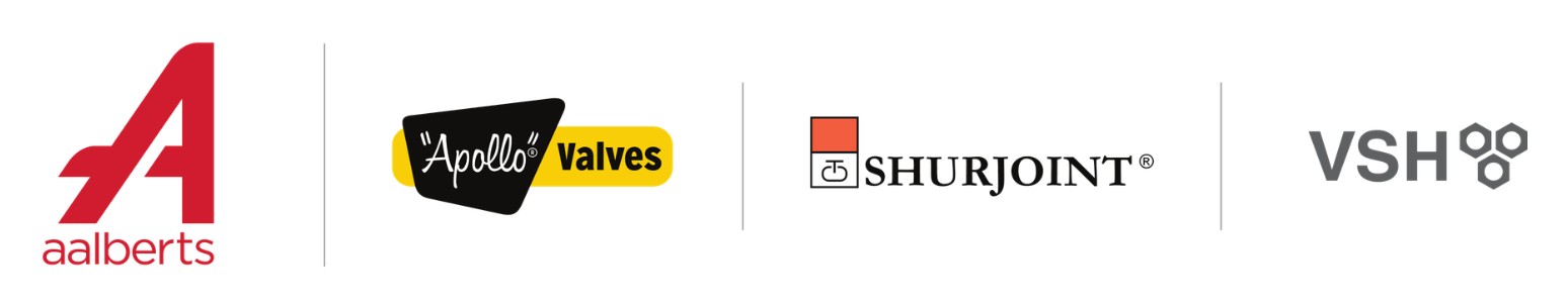 Logos of Aalberts, Apollo Valves, Shurjoint and VSH side by side
