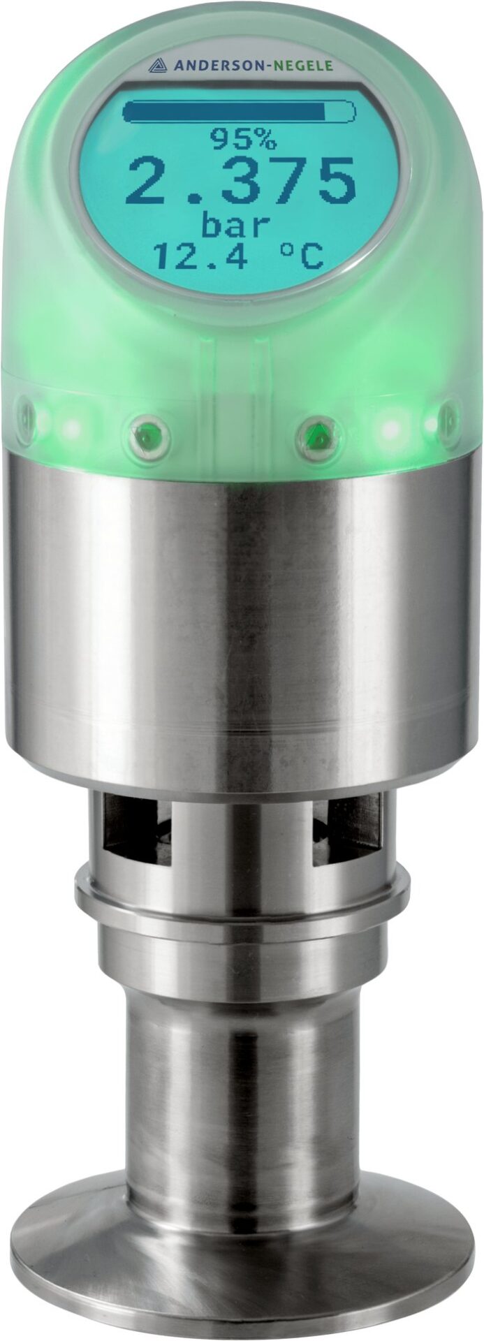 SL EVO with green 360° LED signal light and a display showing level in percent, pressure in bar and temperature