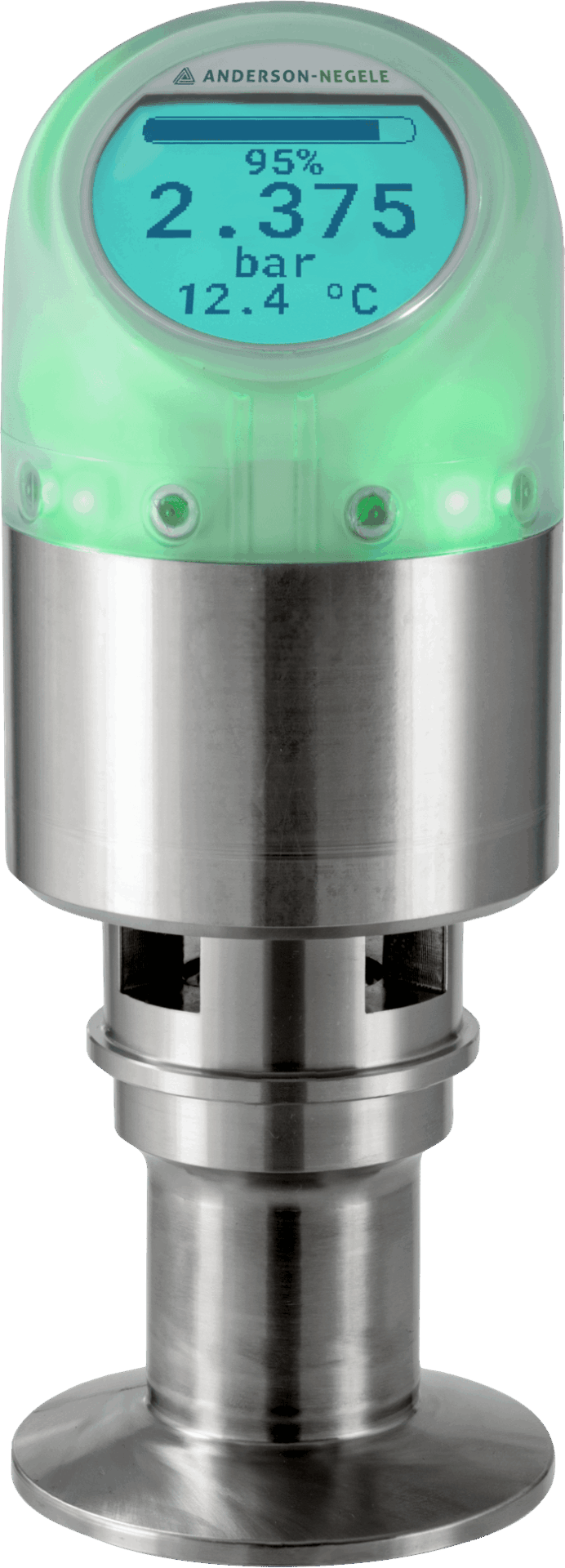 Anderson-Negele SL EVO hydrostatic level sensor with green 360° LED signal light, display and hygienic clamp process connection