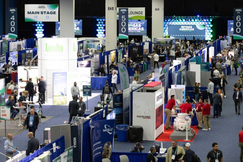 Busy exhibition floor with exhibitor booths at BIOGAS AMERICAS