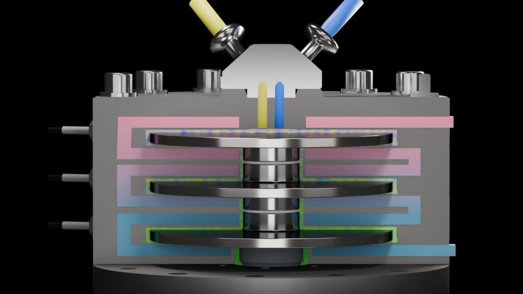 Cross-section of a Flowid SpinPro spinning disc reactor for continuous Grignard chemistry, with two reagent feeds and cooling channels around the rotating discs