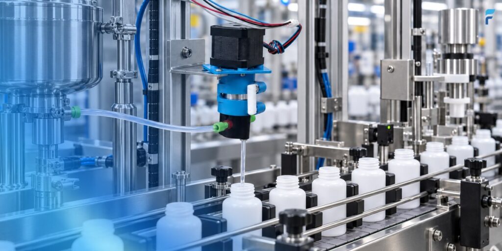Pump speed control on a continuous bottle-filling line, with a motor-driven metering pump dispensing fluid into bottles