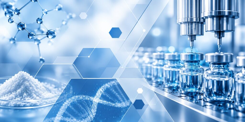 Precision pump dispensing heads filling pharmaceutical vials, alongside molecular, DNA and powder imagery