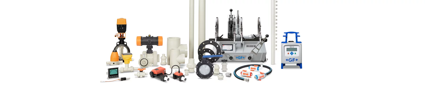 The GF LiquidCore product family with PP-H distribution piping, PVDF in-rack manifolds, valves, the Multi Control Valve and the Quick Connect Valve 700