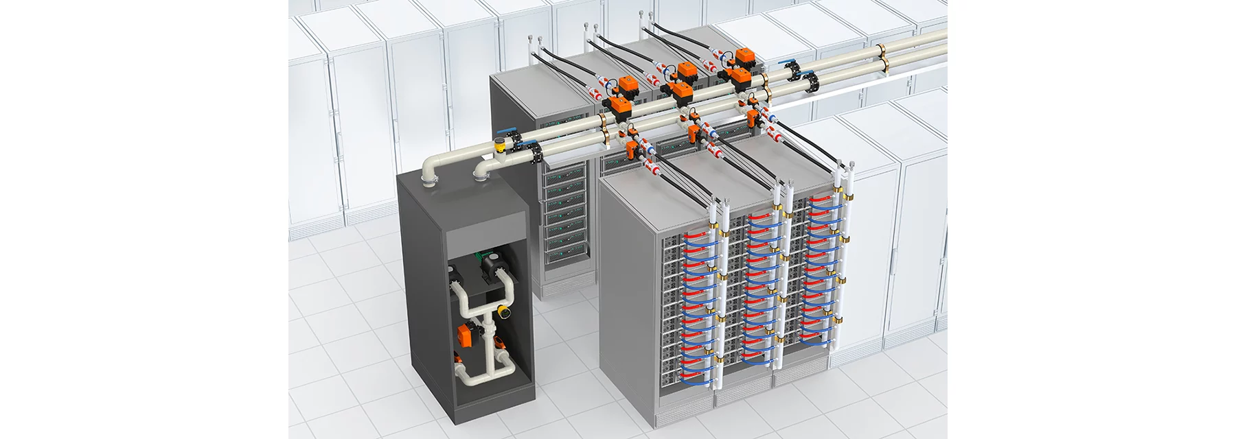 GF Multi Control Valve installed in a direct liquid cooling loop of a data center rack