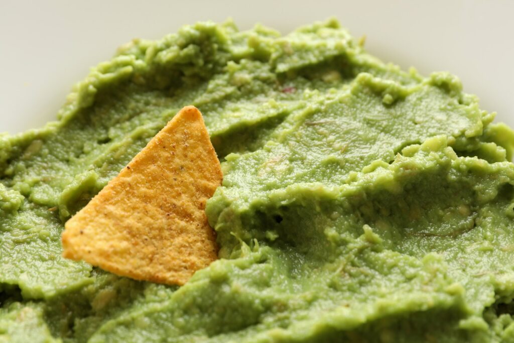 Close-up of guacamole with a tortilla chip, illustrating food texture in food processing