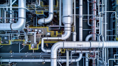 Insulated pipework and valves in an industrial CO2 plant