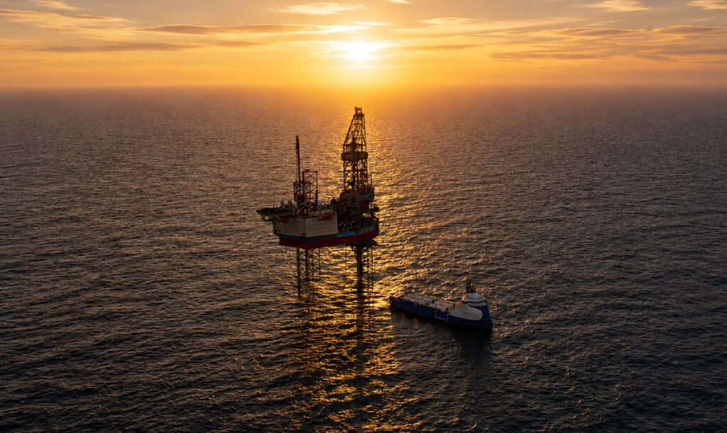 Offshore platform and supply vessel at sea during sunset