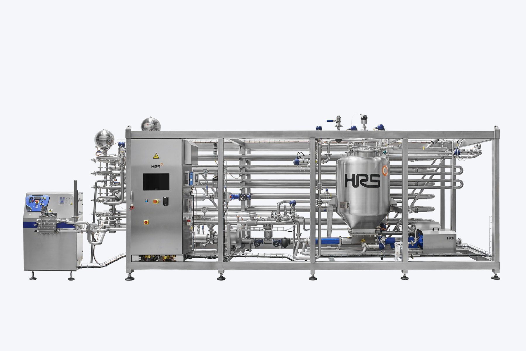 Side view of a large skid-mounted pasteuriser with rows of tubular heat exchangers, a holding tank and a homogeniser