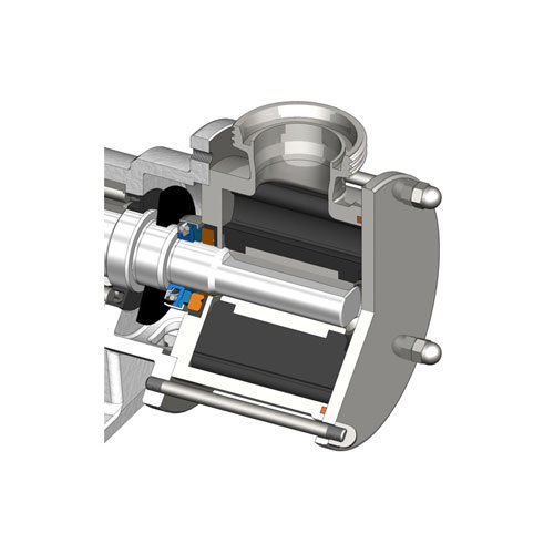 Sectioned view of the INOXPA RF pump showing the rubber impeller in the eccentric housing
