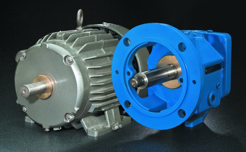 Electric motor and blue pump bearing housing, each fitted with a bronze bearing isolator on the shaft