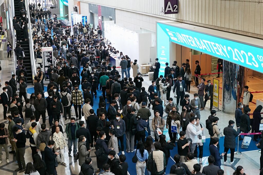 Crowds of visitors in the InterBattery exhibition hall at Coex, Seoul