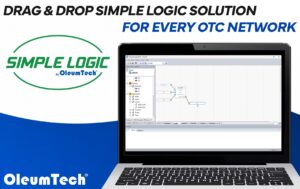 Laptop showing the OleumTech SIMPLE LOGIC drag-and-drop logic editor in BreeZ 8 Configuration Software for OTC wireless I/O networks