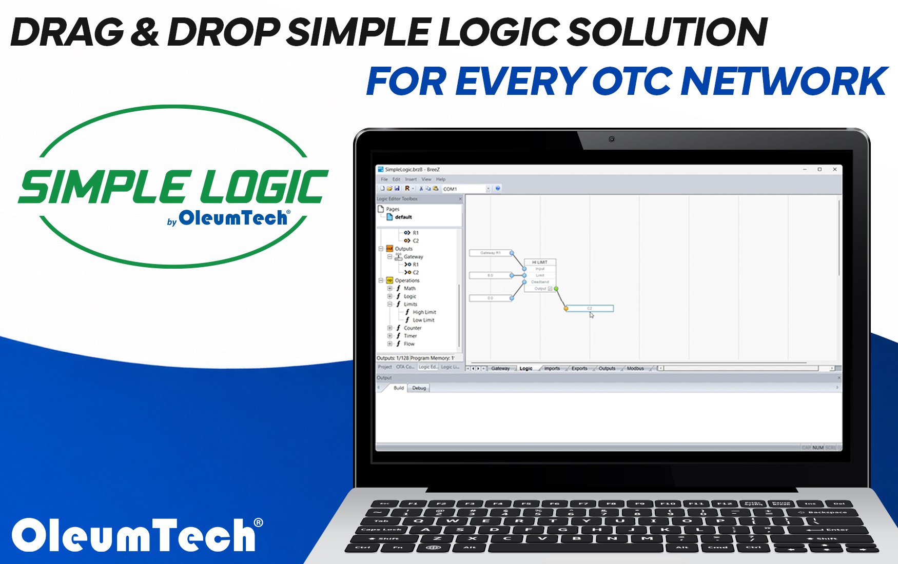 Laptop showing the OleumTech SIMPLE LOGIC drag-and-drop logic editor in BreeZ 8 Configuration Software