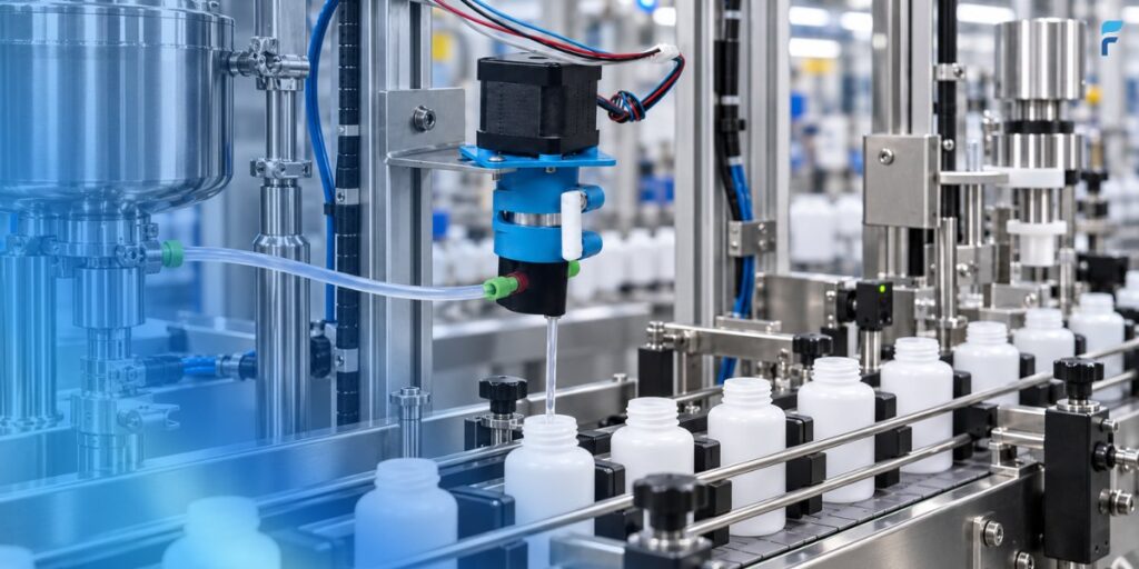 Pump dispensing fluid into white bottles on a continuous bottle filling line