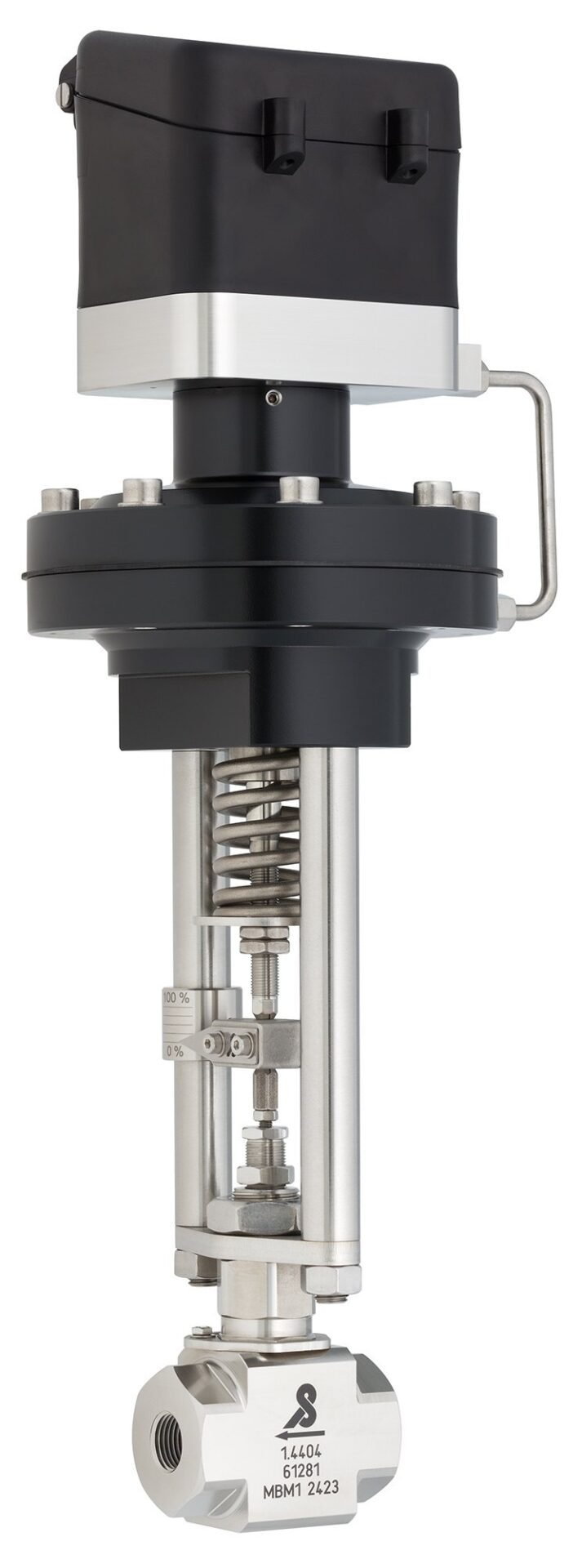 Stainless steel low flow valve with pneumatic diaphragm actuator, spring and top-mounted digital positioner
