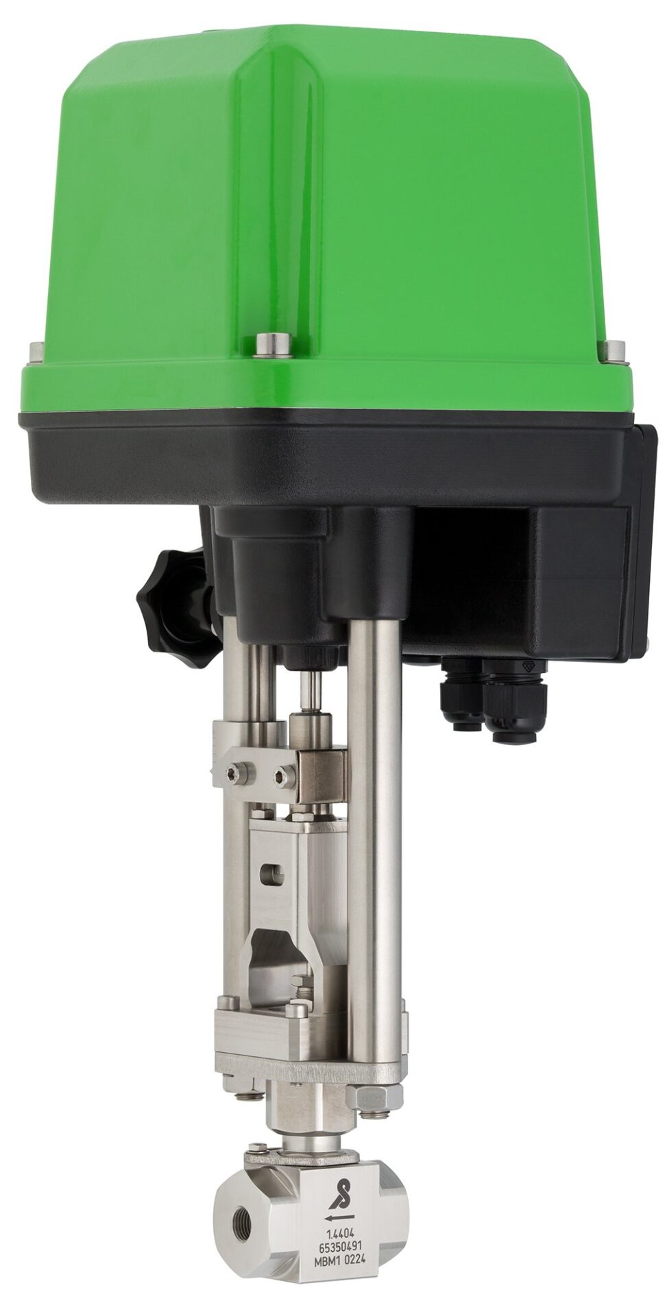 Stainless steel low flow valve fitted with a large green and black electric actuator and handwheel