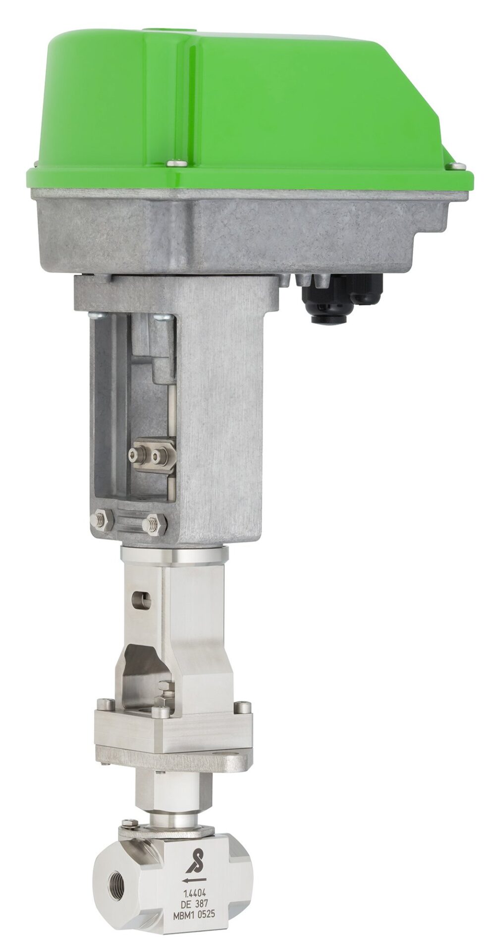 Stainless steel low flow valve with a green electric actuator in an aluminium housing